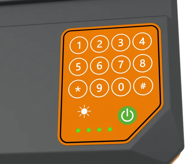 Close-up of the H Series PAYGO keypad with solar charging indicator and battery LEDs